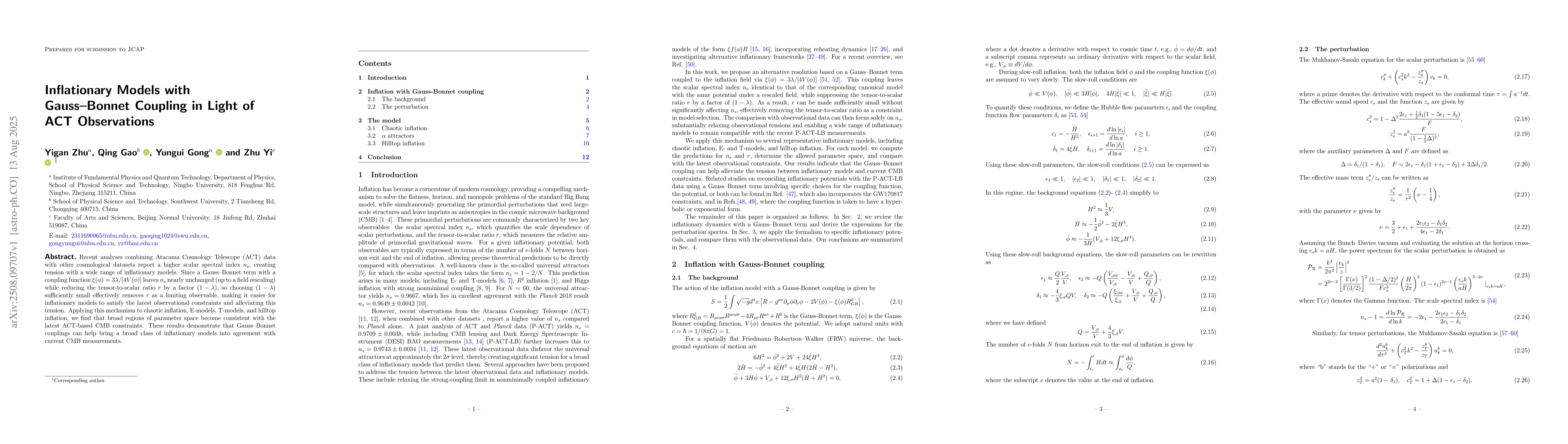 Thumbnail for Inflationary Models with Gauss-Bonnet Coupling in Light of ACT
  Observations