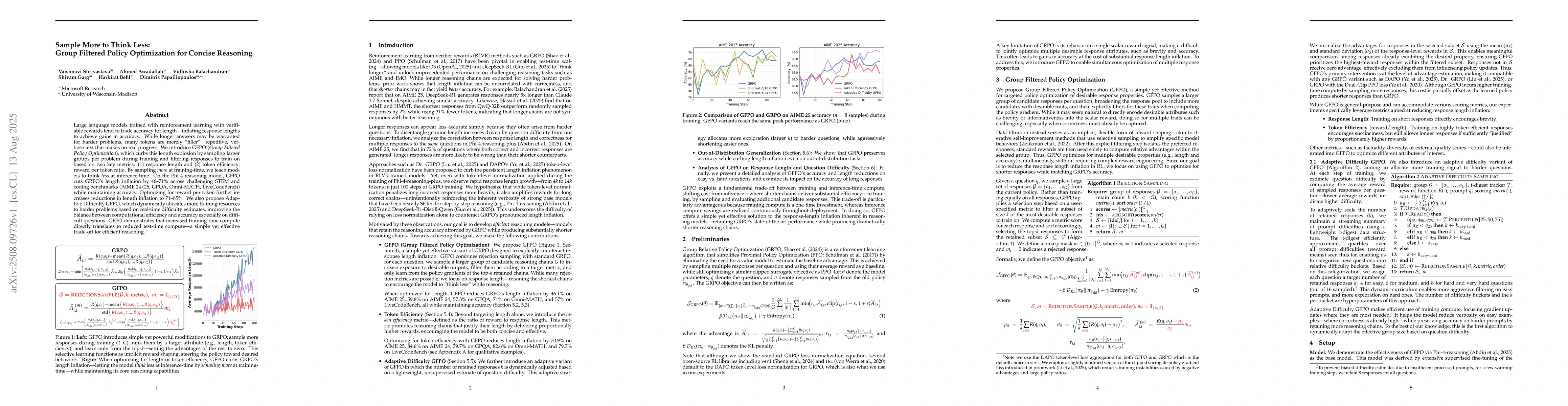 Thumbnail for Sample More to Think Less: Group Filtered Policy Optimization for
  Concise Reasoning