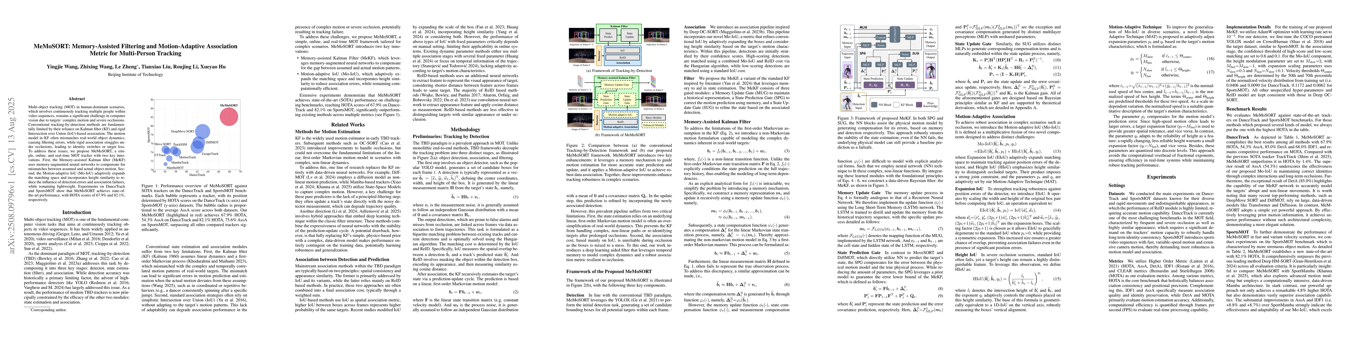 Thumbnail for MeMoSORT: Memory-Assisted Filtering and Motion-Adaptive Association
  Metric for Multi-Person Tracking