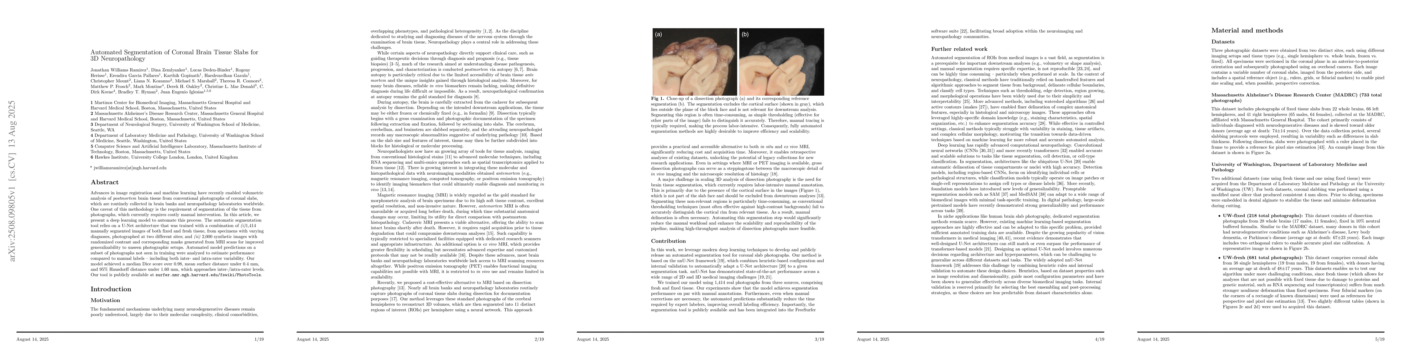 Thumbnail for Automated Segmentation of Coronal Brain Tissue Slabs for 3D
  Neuropathology
