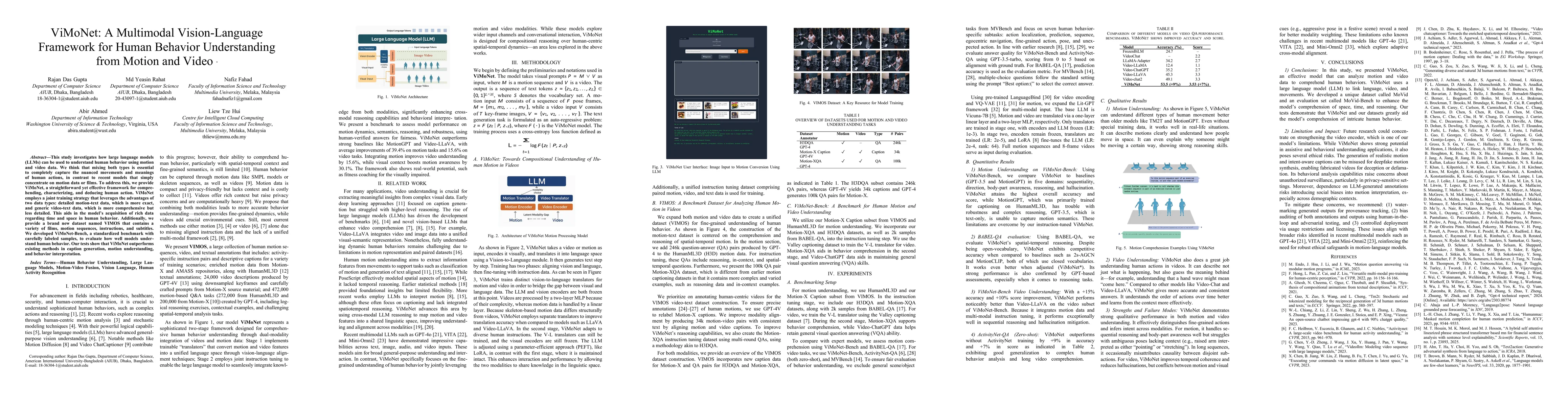 Thumbnail for ViMoNet: A Multimodal Vision-Language Framework for Human Behavior
  Understanding from Motion and Video