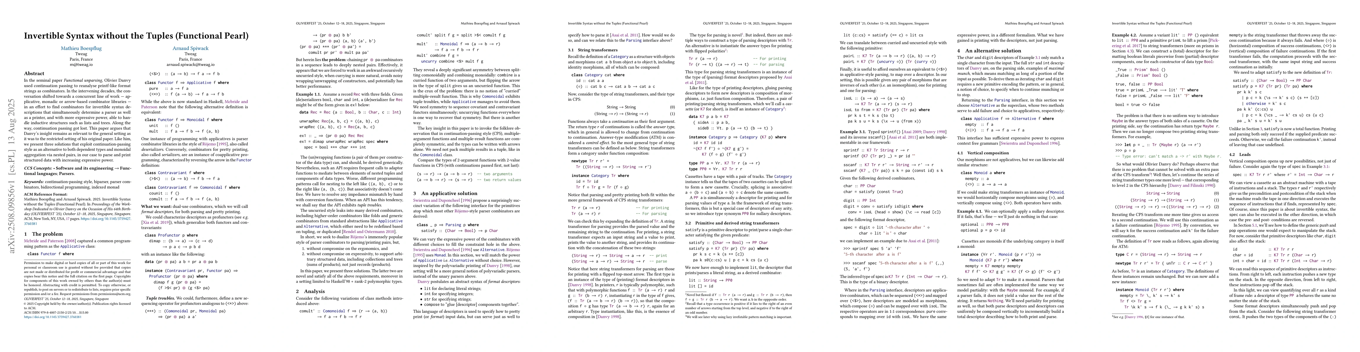 Thumbnail for Invertible Syntax without the Tuples (Functional Pearl)