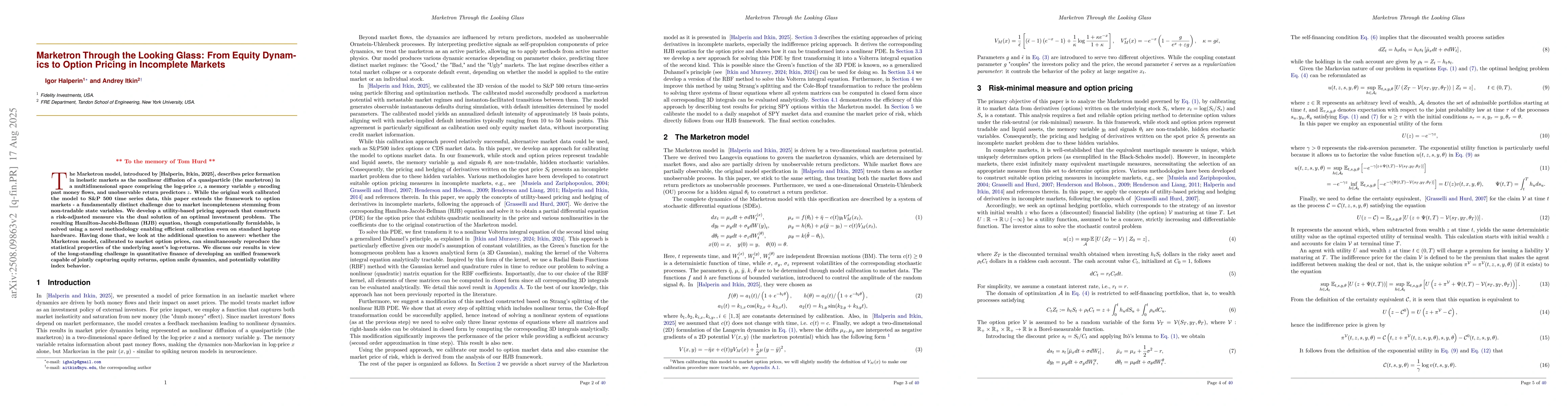 Thumbnail for Marketron Through the Looking Glass: From Equity Dynamics to Option
  Pricing in Incomplete Markets