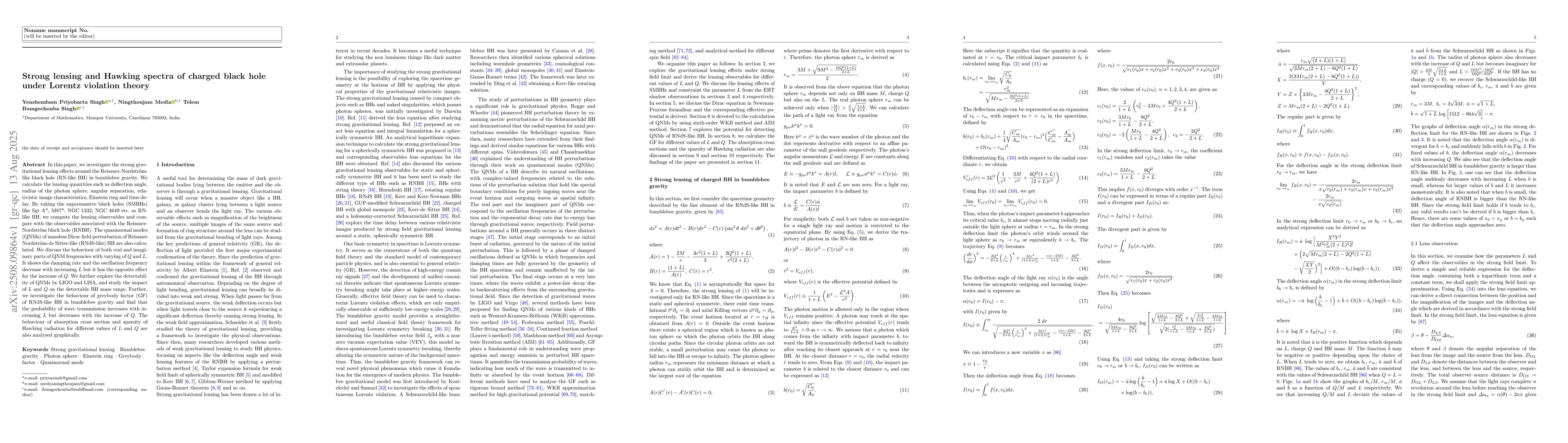 Thumbnail for Strong lensing and Hawking spectra of charged black hole under Lorentz
  violation theory