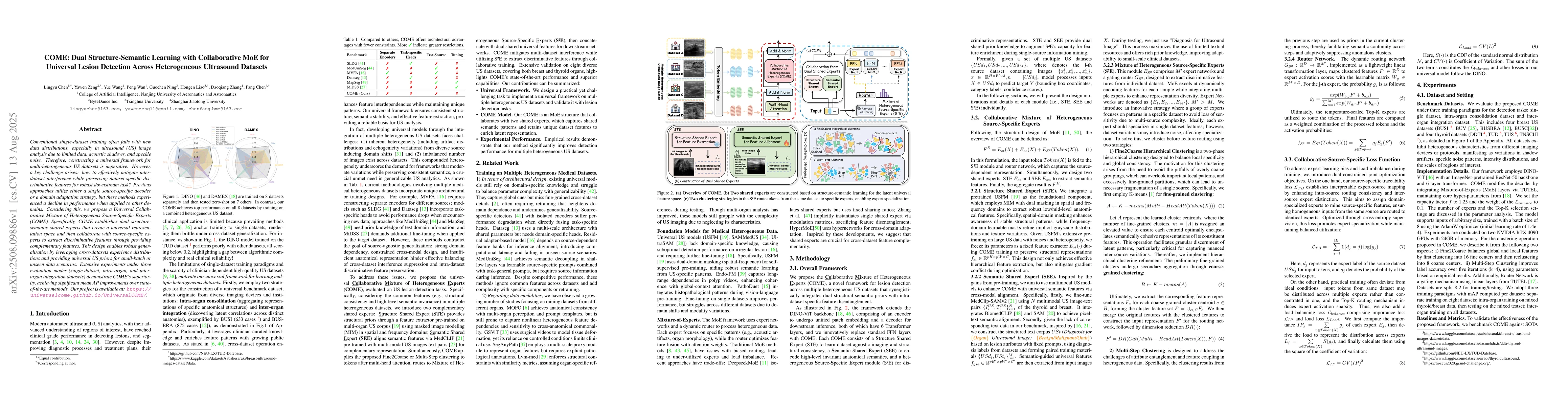 Thumbnail for COME: Dual Structure-Semantic Learning with Collaborative MoE for
  Universal Lesion Detection Across Heterogeneous Ultrasound Datasets
