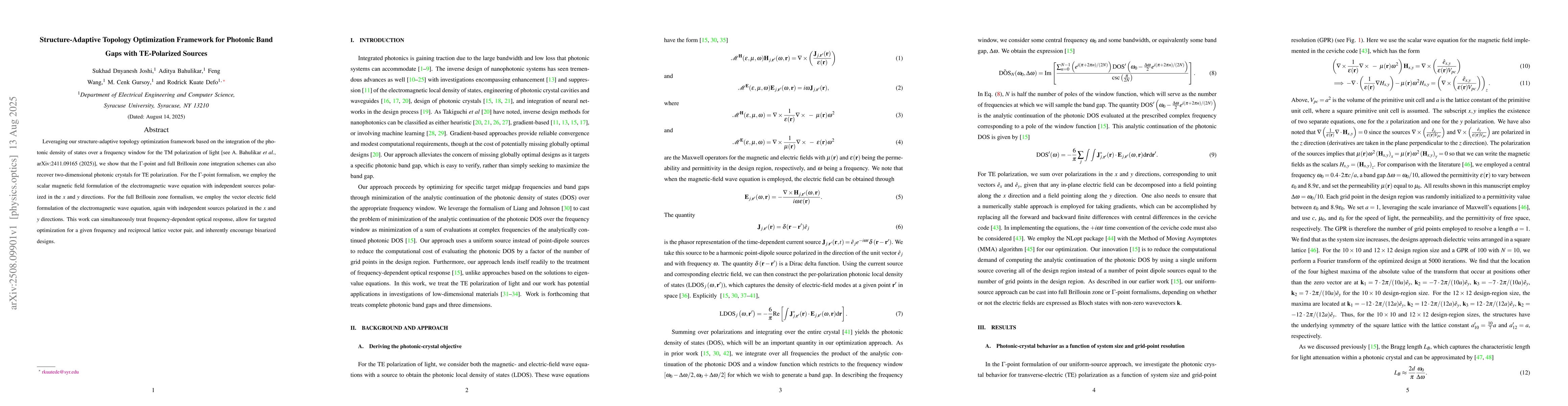 Thumbnail for Structure-Adaptive Topology Optimization Framework for Photonic Band
  Gaps with TE-Polarized Sources