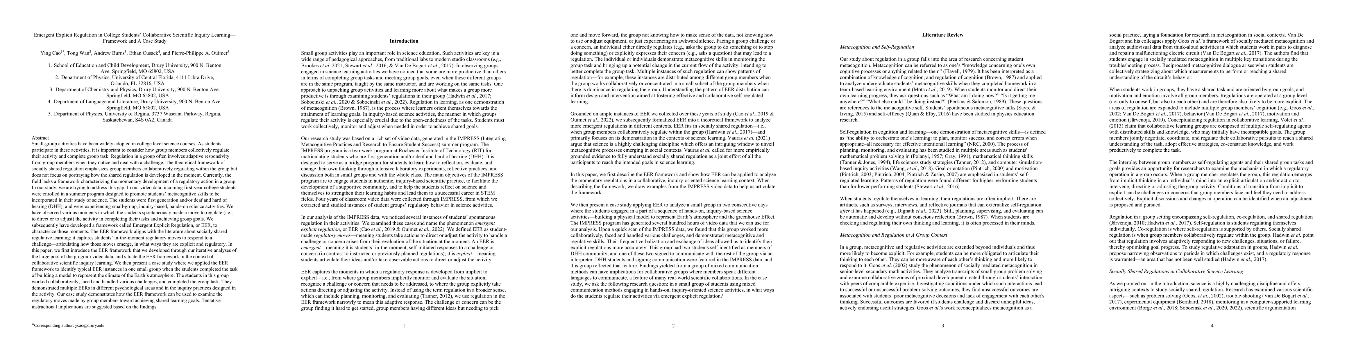 Thumbnail for Emergent Explicit Regulation in College Students Collaborative
  Scientific Inquiry Learning, Framework and A Case Study