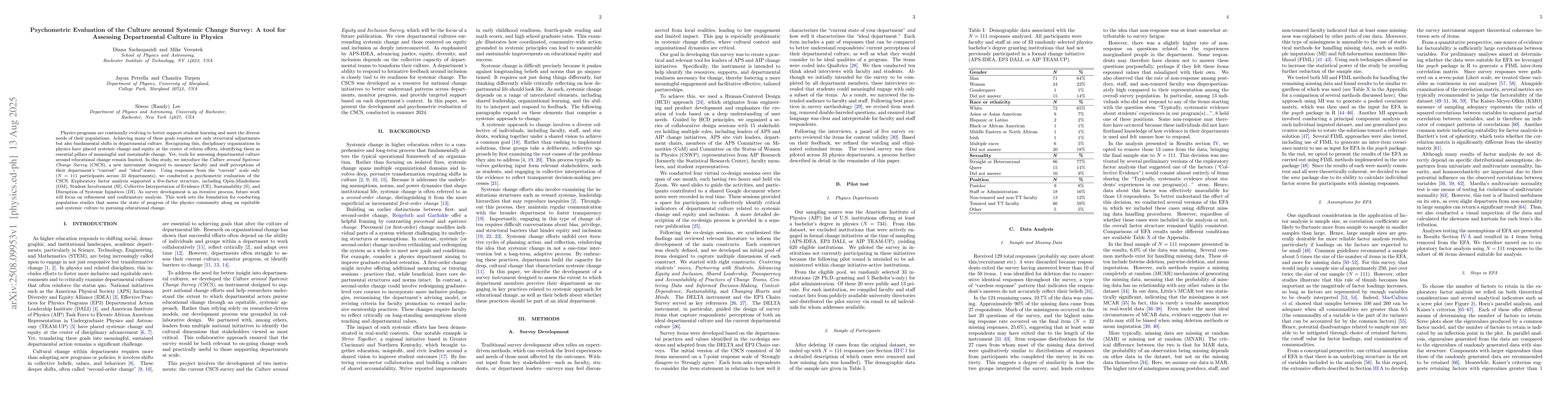 Thumbnail for Psychometric Evaluation of the Culture around Systemic Change Survey: A
  tool for Assessing Departmental Culture in Physics