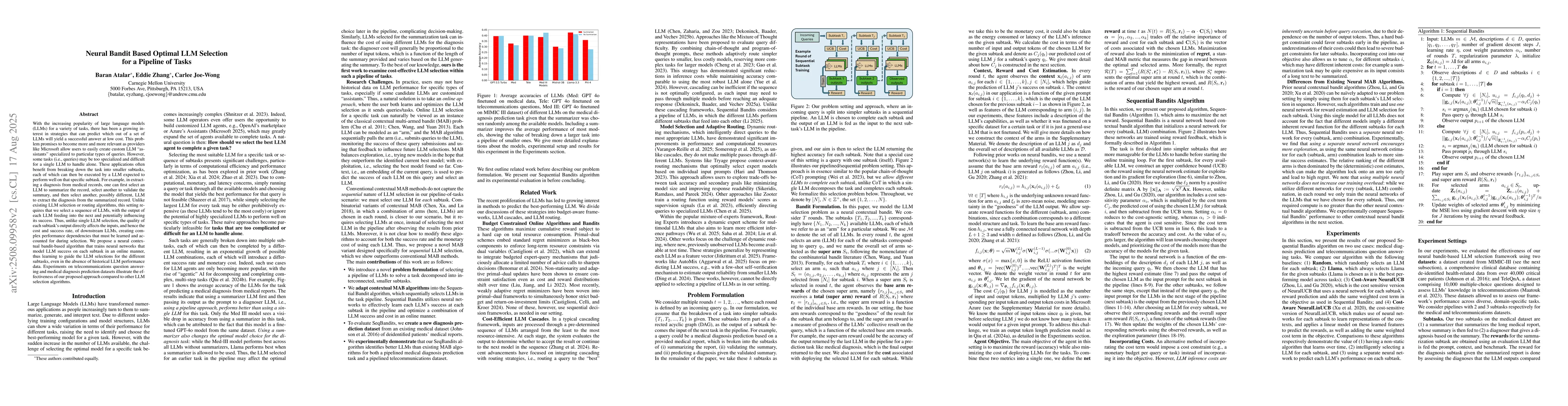 Thumbnail for Neural Bandit Based Optimal LLM Selection for a Pipeline of Tasks
