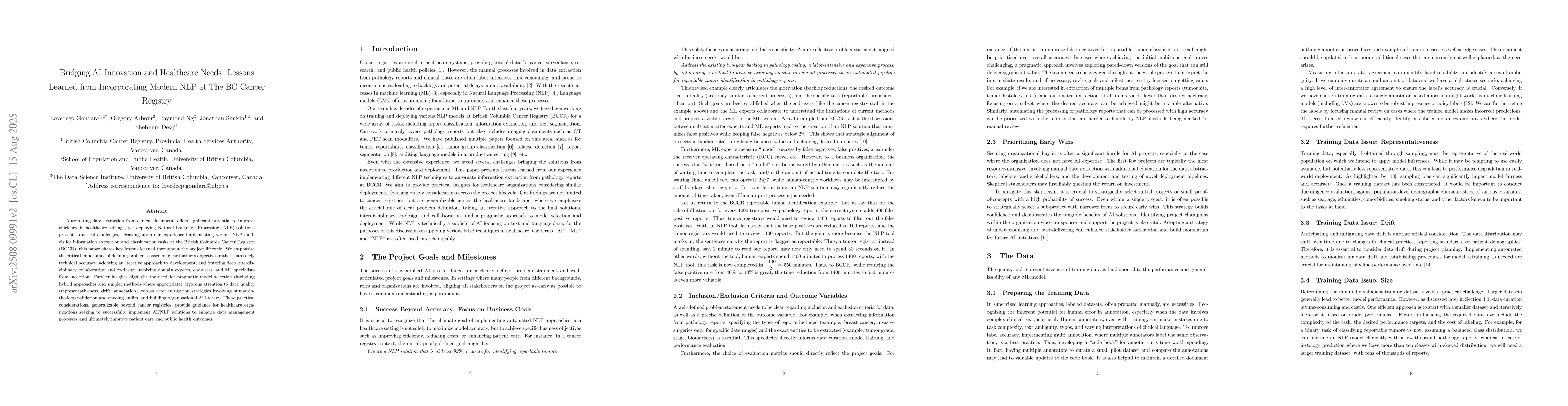 Thumbnail for Bridging AI Innovation and Healthcare Needs: Lessons Learned from
  Incorporating Modern NLP at The BC Cancer Registry