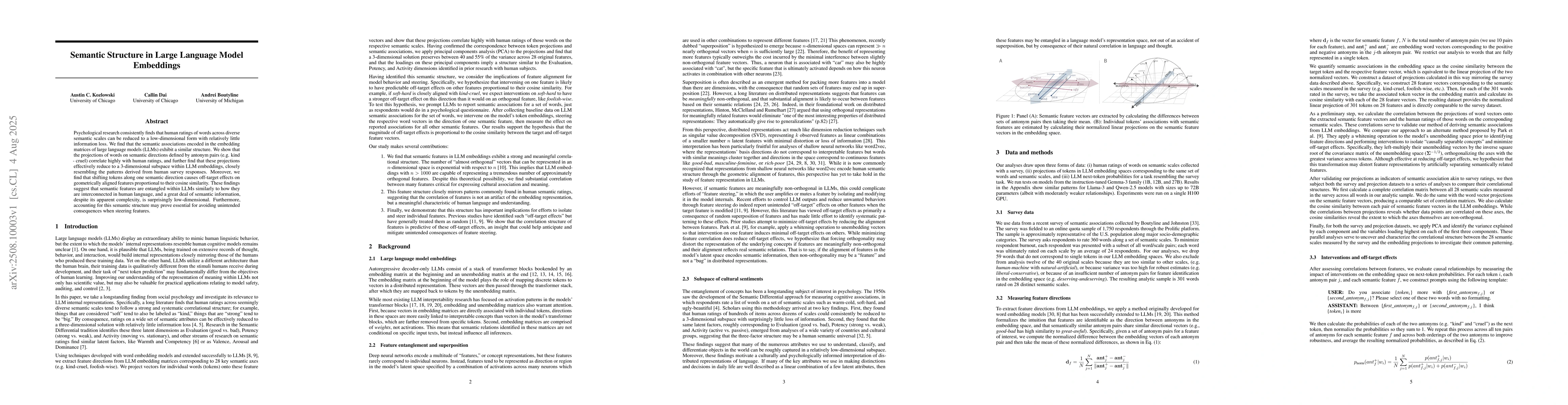 Thumbnail for Semantic Structure in Large Language Model Embeddings