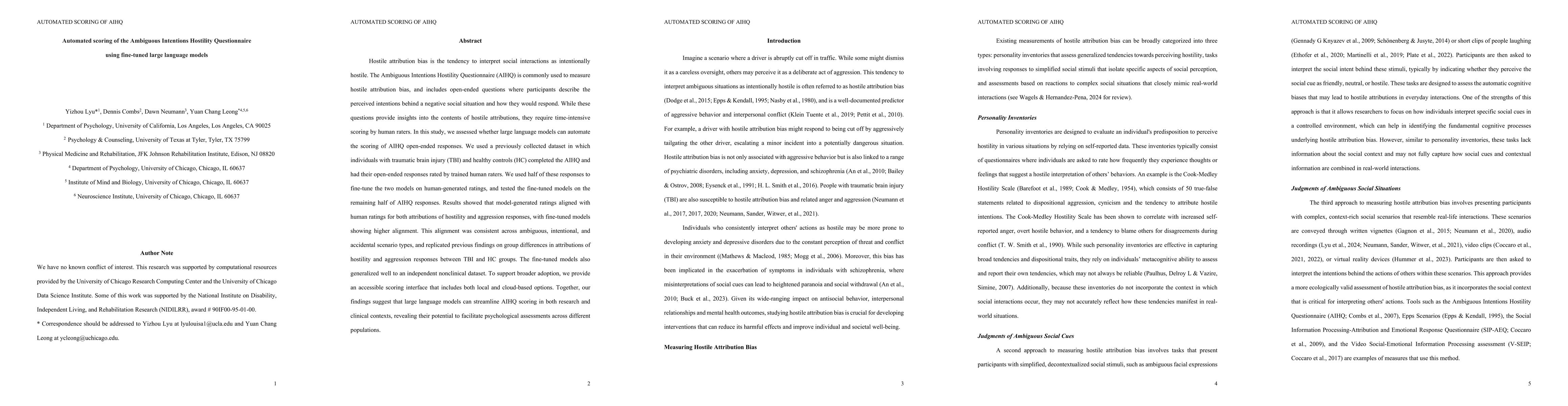 Thumbnail for Automated scoring of the Ambiguous Intentions Hostility Questionnaire
  using fine-tuned large language models