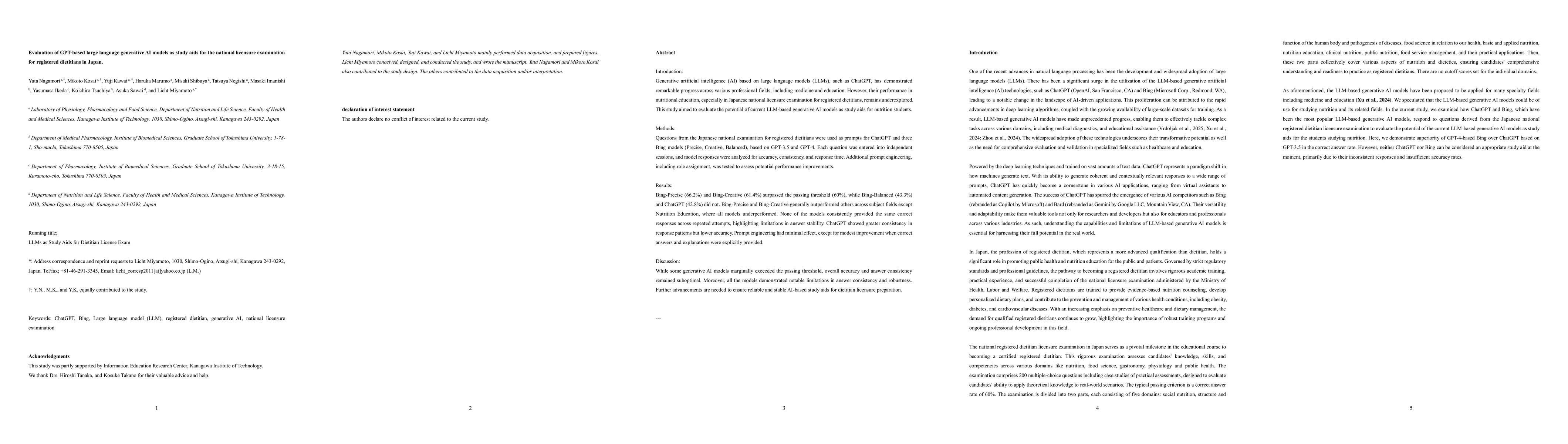 Thumbnail for Evaluation of GPT-based large language generative AI models as study
  aids for the national licensure examination for registered dietitians in
  Japan