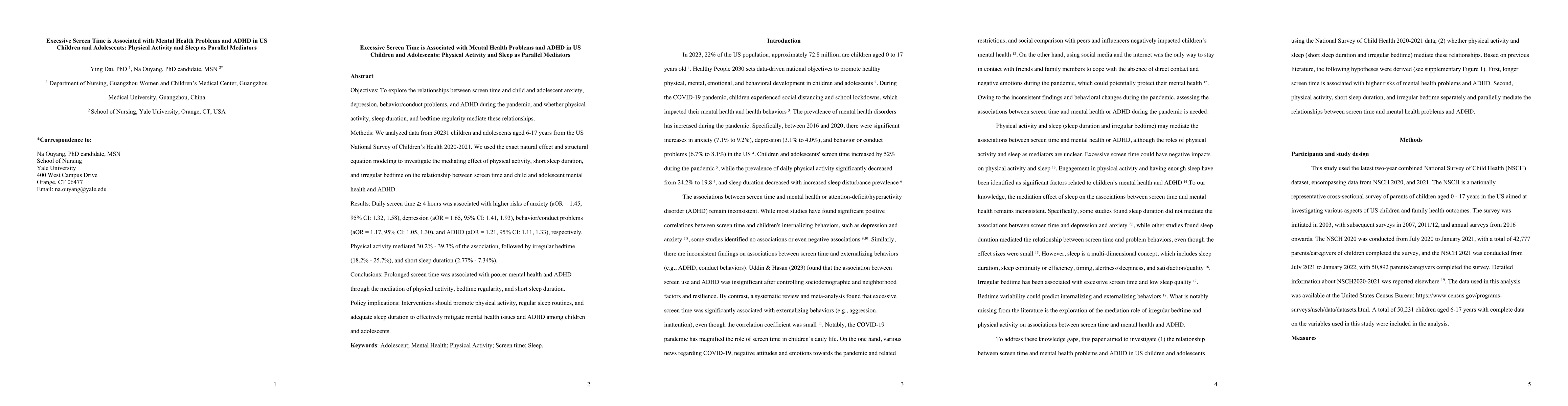 Thumbnail for Excessive Screen Time is Associated with Mental Health Problems and ADHD
  in US Children and Adolescents: Physical Activity and Sleep as Parallel
  Mediators