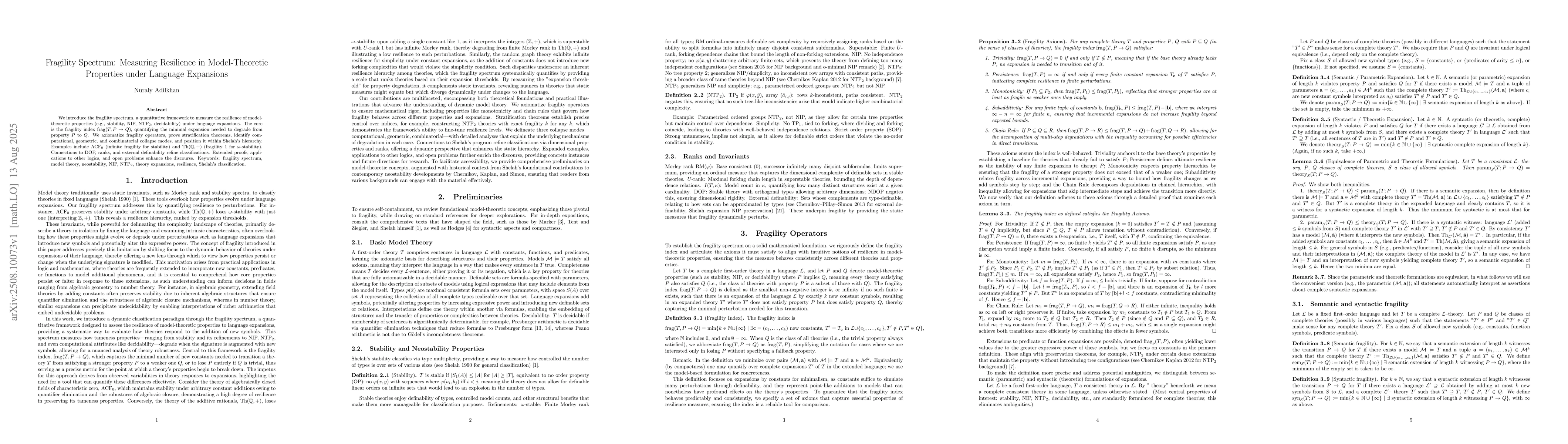 Thumbnail for Fragility Spectrum: Measuring Resilience in Model-Theoretic Properties
  under Language Expansions