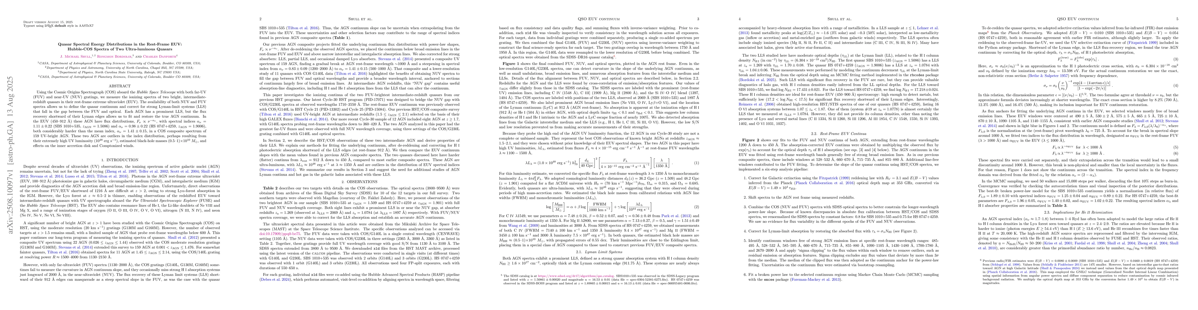 Thumbnail for Quasar Spectral Energy Distributions in the Rest-Frame EUV: Hubble-COS
  Spectra of Two Ultra-luminous Quasars