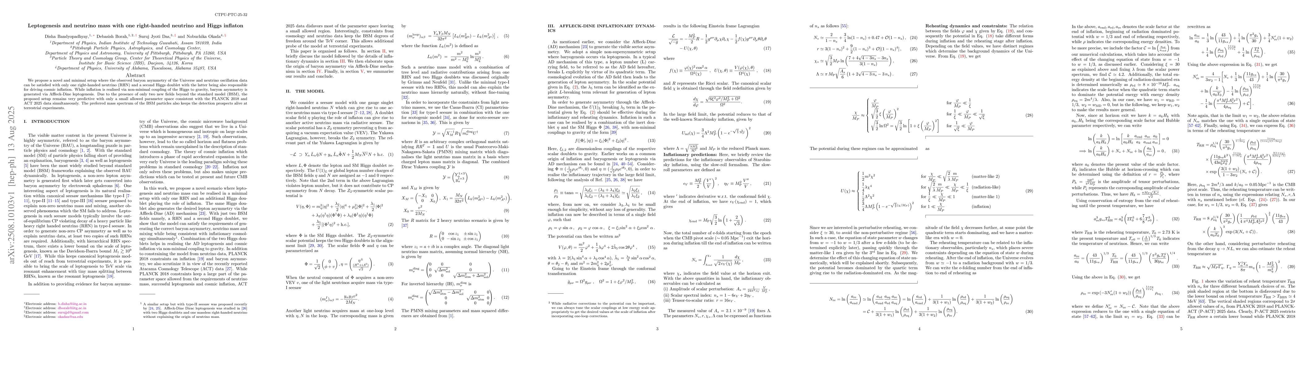 Thumbnail for Leptogenesis and neutrino mass with one right-handed neutrino and Higgs
  inflaton