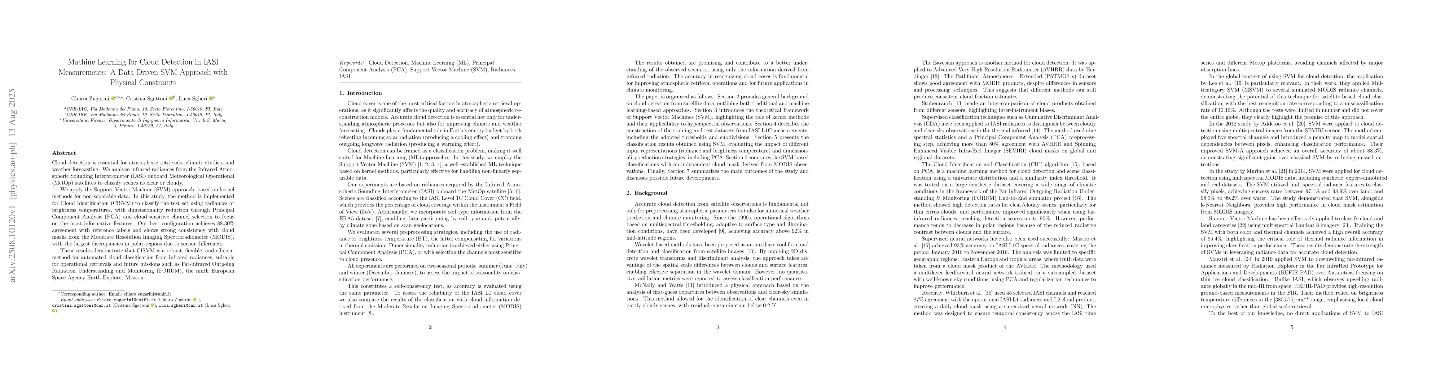 Thumbnail for Machine Learning for Cloud Detection in IASI Measurements: A Data-Driven
  SVM Approach with Physical Constraints