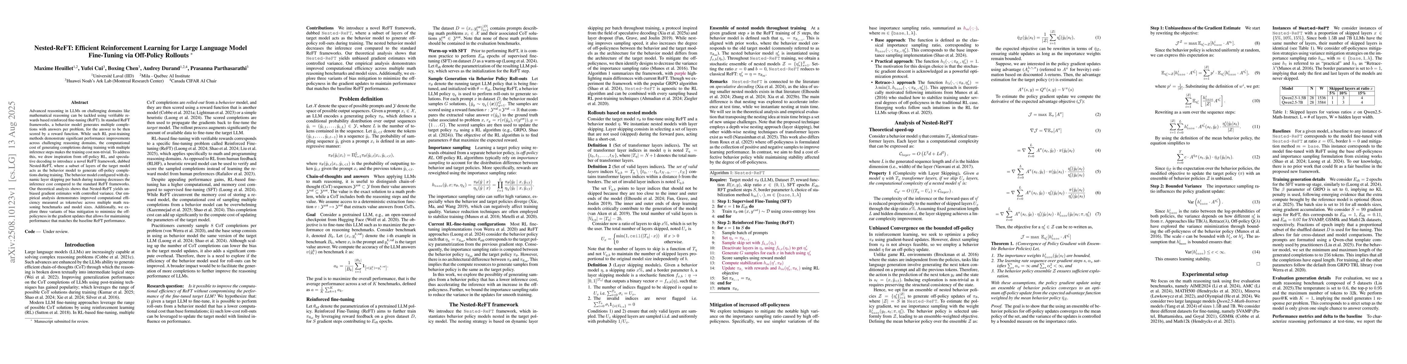 Thumbnail for Nested-ReFT: Efficient Reinforcement Learning for Large Language Model
  Fine-Tuning via Off-Policy Rollouts