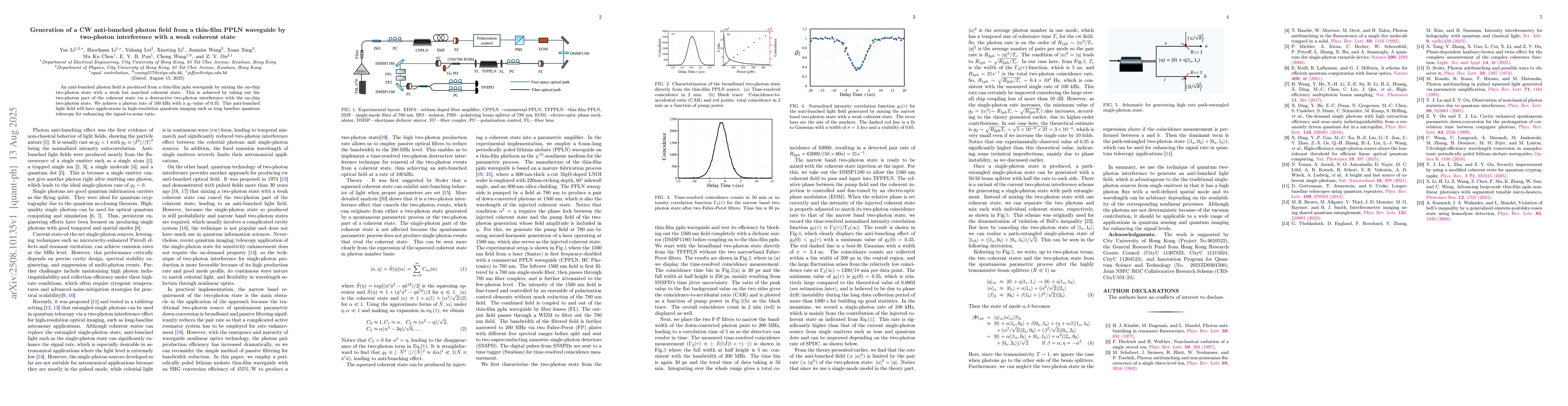 Thumbnail for Generation of a CW anti-bunched photon field from a thin-film PPLN
  waveguide by two-photon interference with a weak coherent state