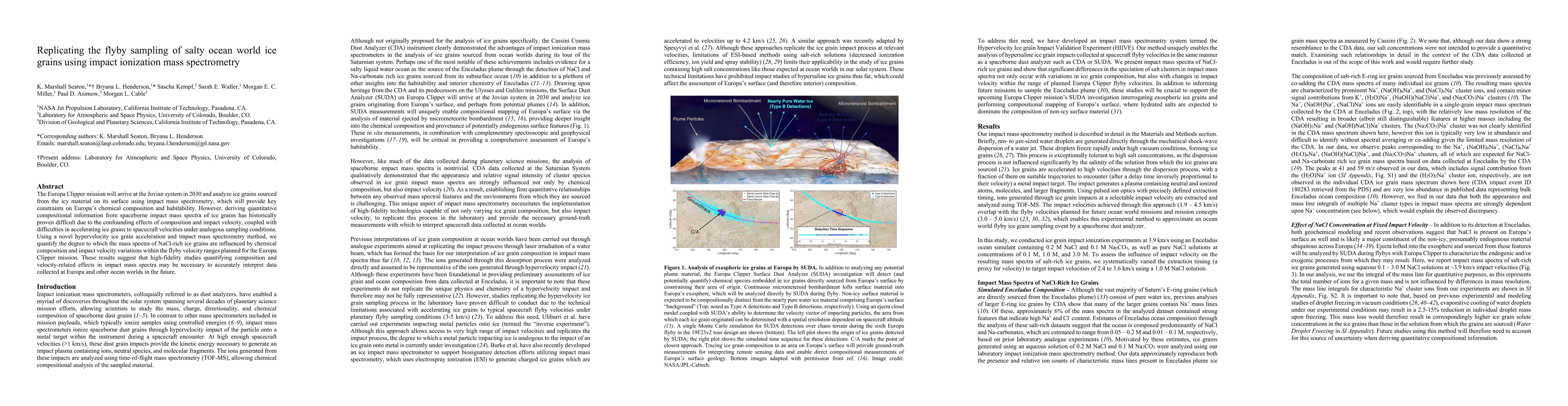 Thumbnail for Replicating the flyby sampling of salty ocean world ice grains using
  impact ionization mass spectrometry