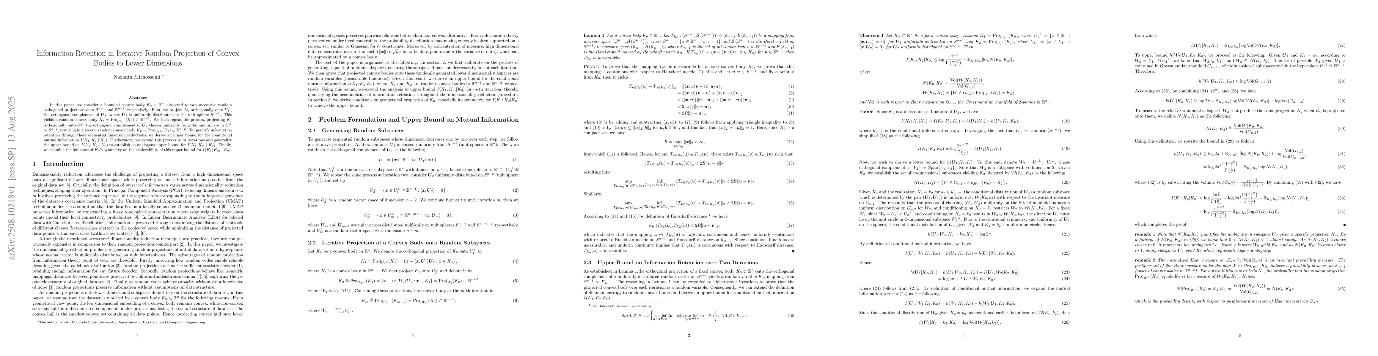 Thumbnail for Information Retention in Iterative Random Projection of Convex Bodies to
  Lower Dimensions