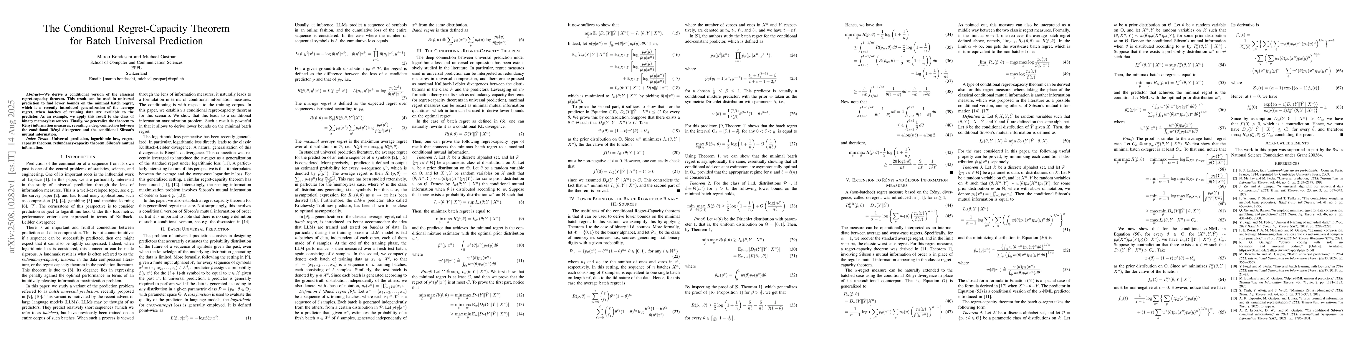 Thumbnail for The Conditional Regret-Capacity Theorem for Batch Universal Prediction