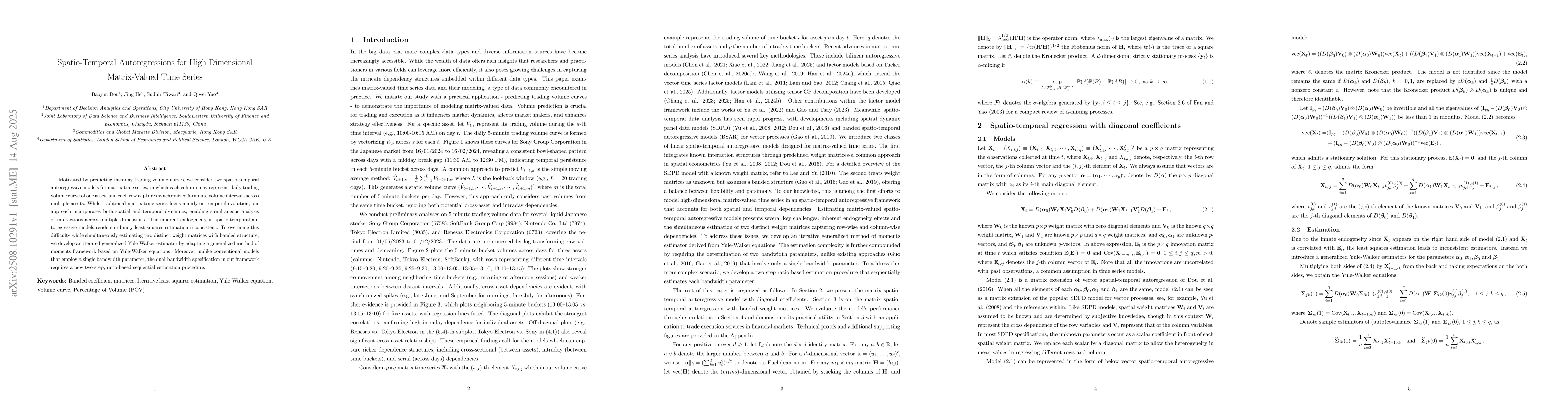 Thumbnail for Spatio-Temporal Autoregressions for High Dimensional Matrix-Valued Time
  Series