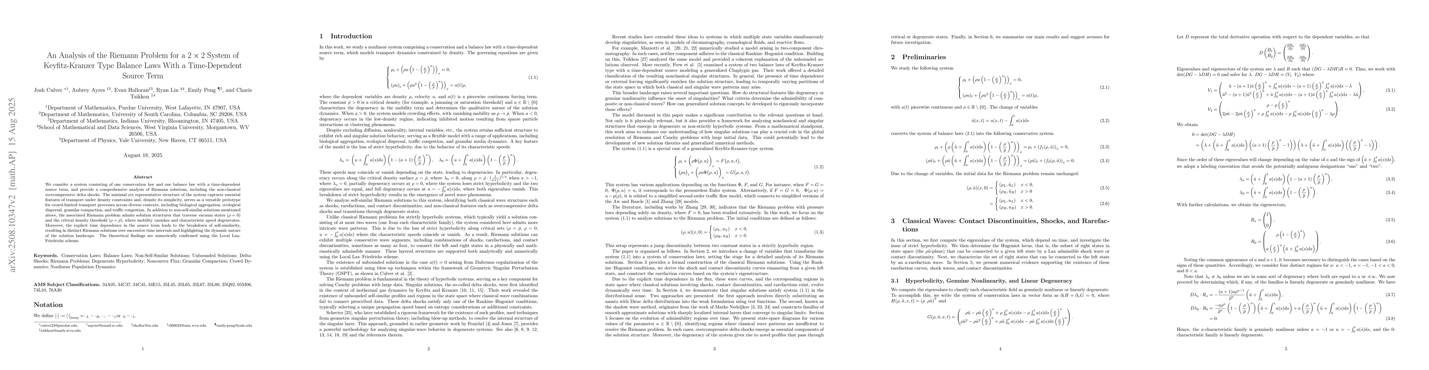 Thumbnail for An Analysis of the Riemann Problem for a $2 \times 2$ System of
  Keyfitz-Kranzer Type Balance Laws With a Time-Dependent Source Term