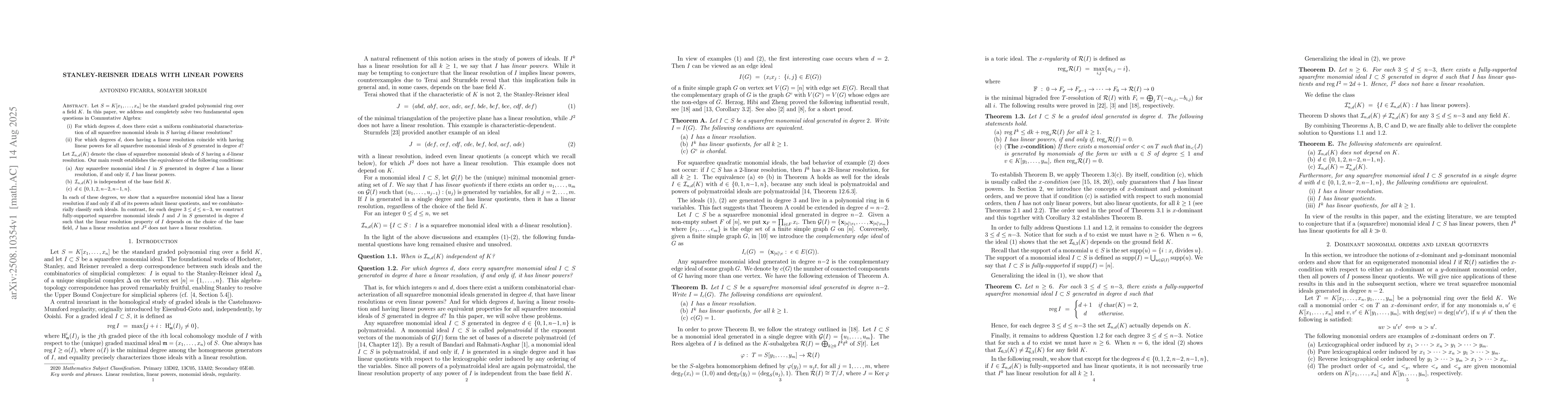 Thumbnail for Stanley-Reisner ideals with linear powers