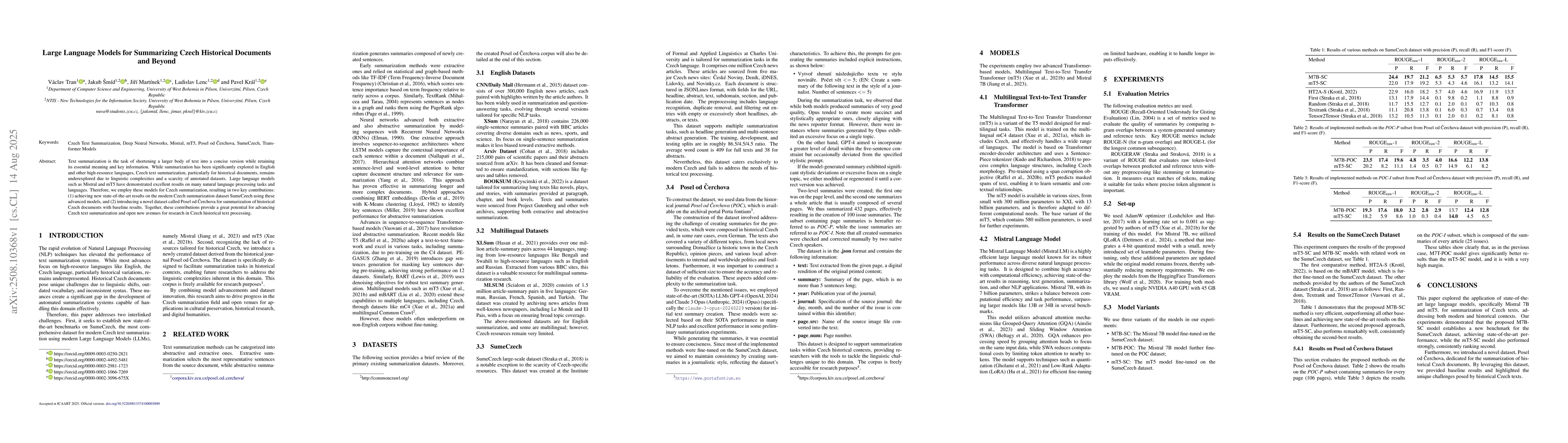 Thumbnail for Large Language Models for Summarizing Czech Historical Documents and
  Beyond