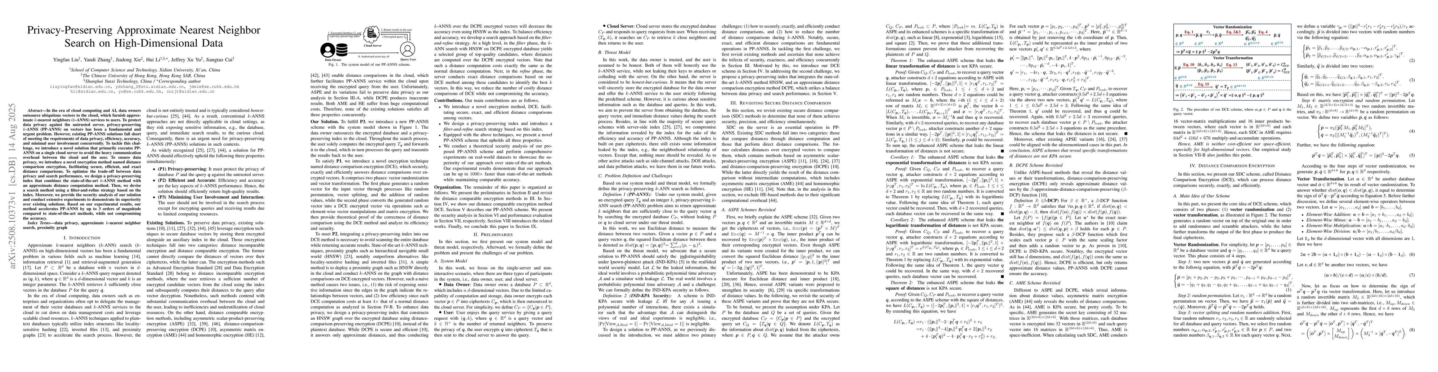 Thumbnail for Privacy-Preserving Approximate Nearest Neighbor Search on
  High-Dimensional Data