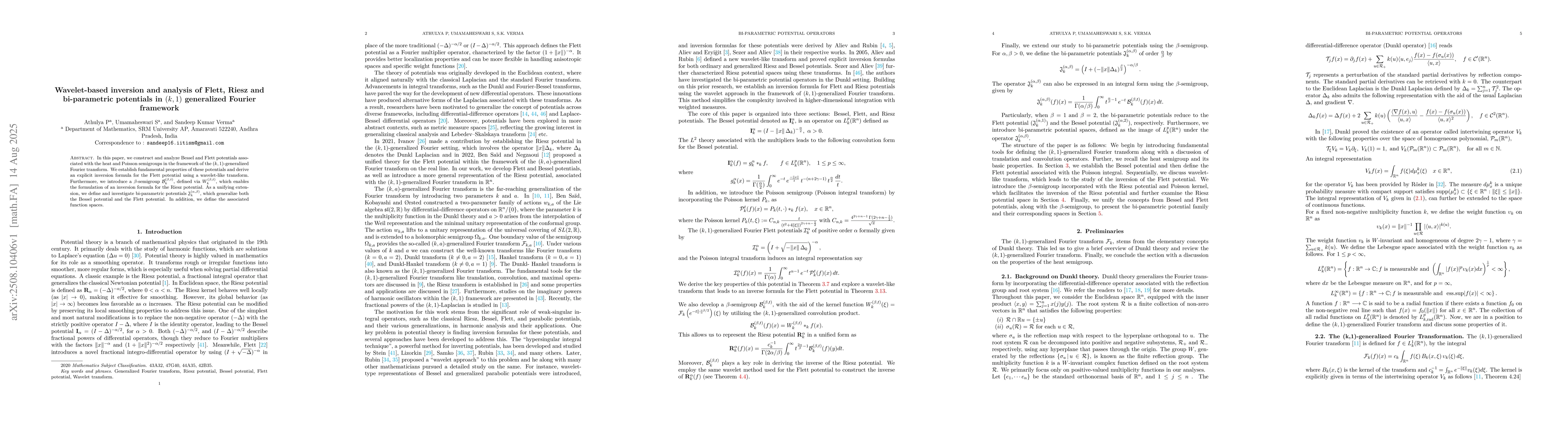 Thumbnail for Wavelet-based inversion and analysis of Flett, Riesz and bi-parametric
  potentials in $(k,1)$ generalized Fourier framework