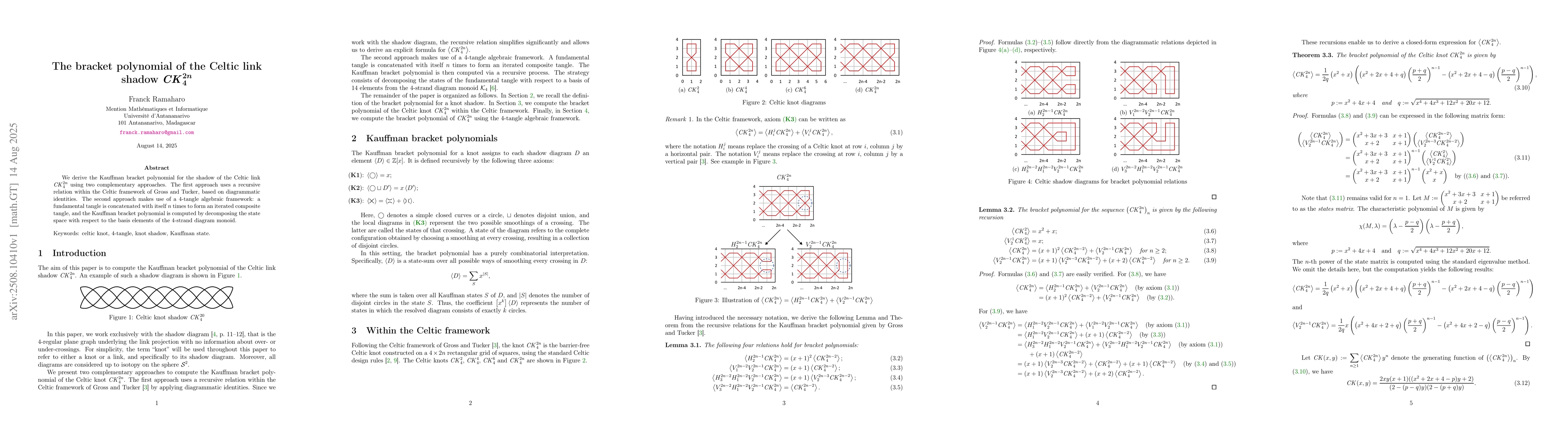 Thumbnail for The bracket polynomial of the Celtic link shadow $CK_4^{2n}$