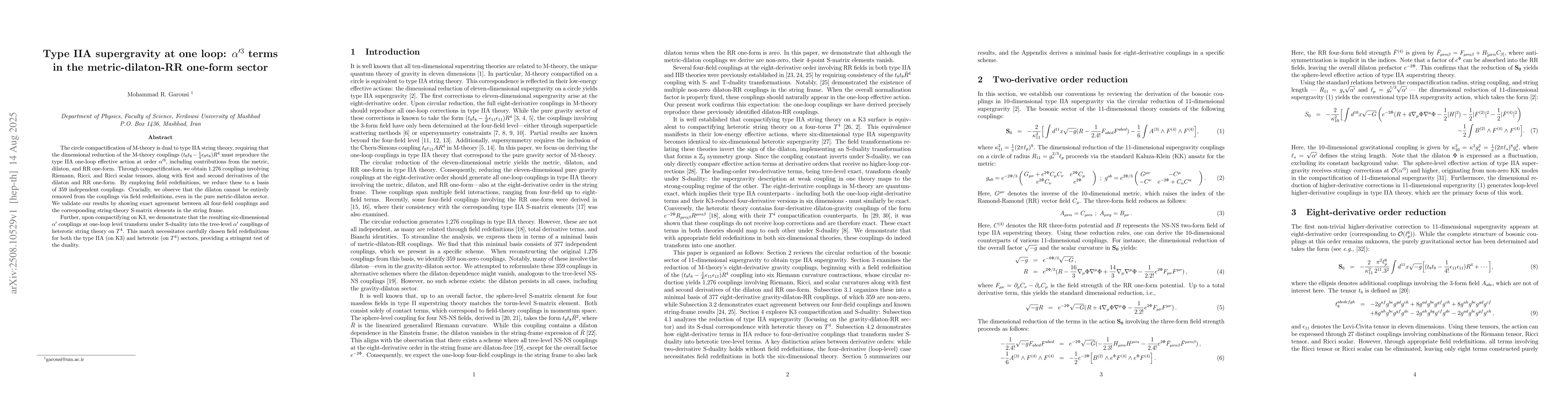Thumbnail for Type IIA supergravity at one loop: $α'^3$ terms in the
  metric-dilaton-RR one-form sector