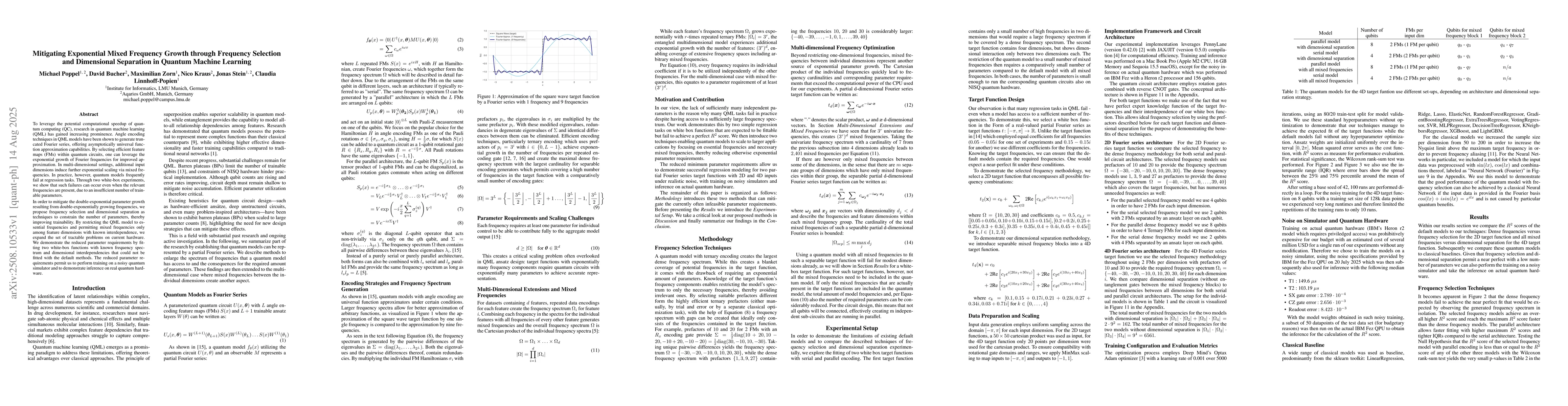 Thumbnail for Mitigating Exponential Mixed Frequency Growth through Frequency
  Selection and Dimensional Separation in Quantum Machine Learning