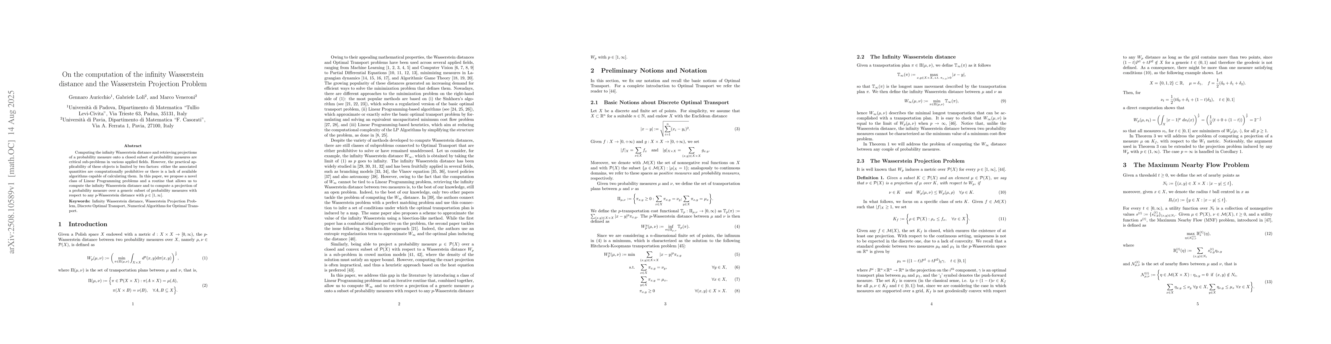 Thumbnail for On the computation of the infinity Wasserstein distance and the
  Wasserstein Projection Problem