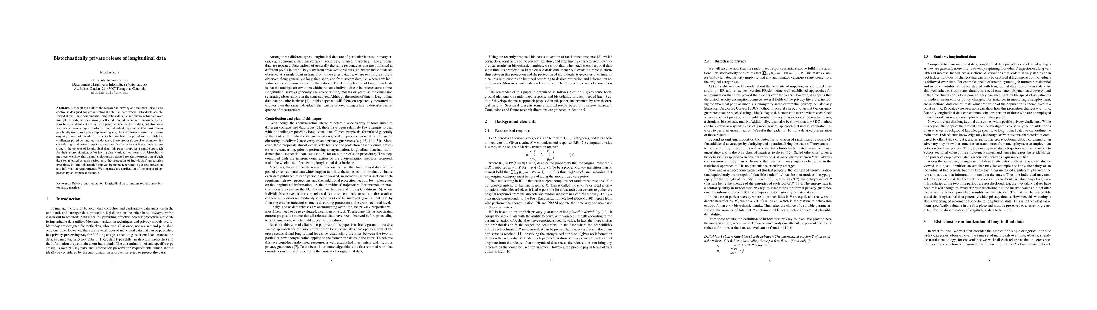 Thumbnail for Bistochastically private release of longitudinal data