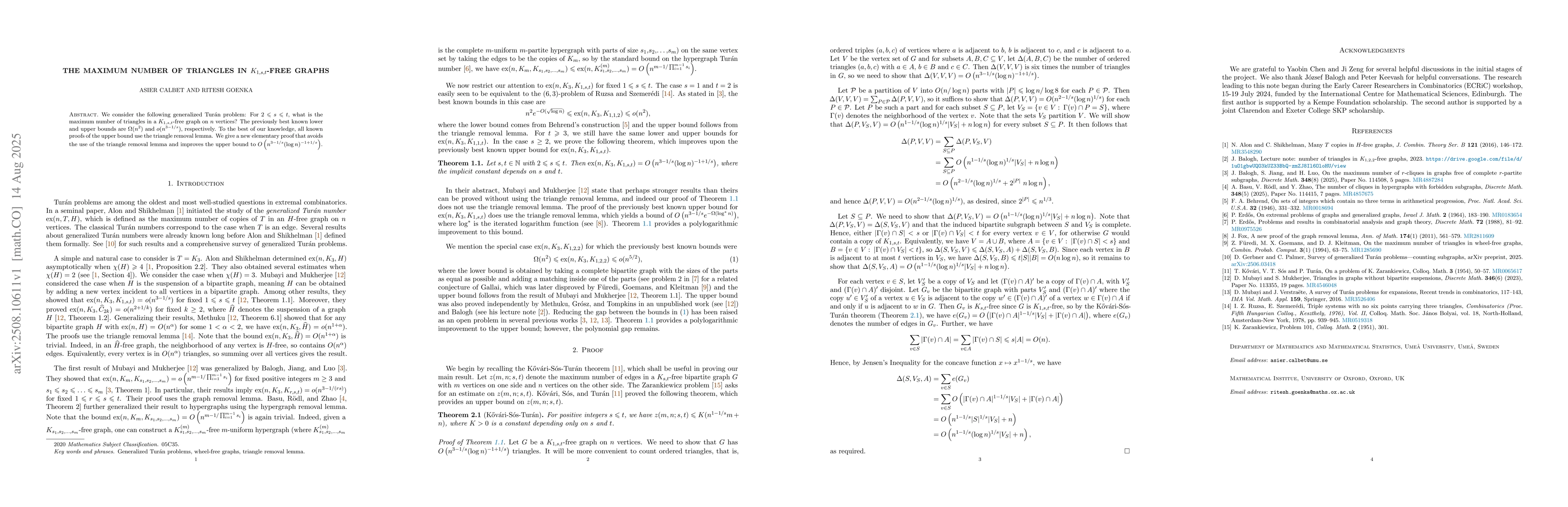 Thumbnail for The maximum number of triangles in $K_{1,s,t}$-free graphs