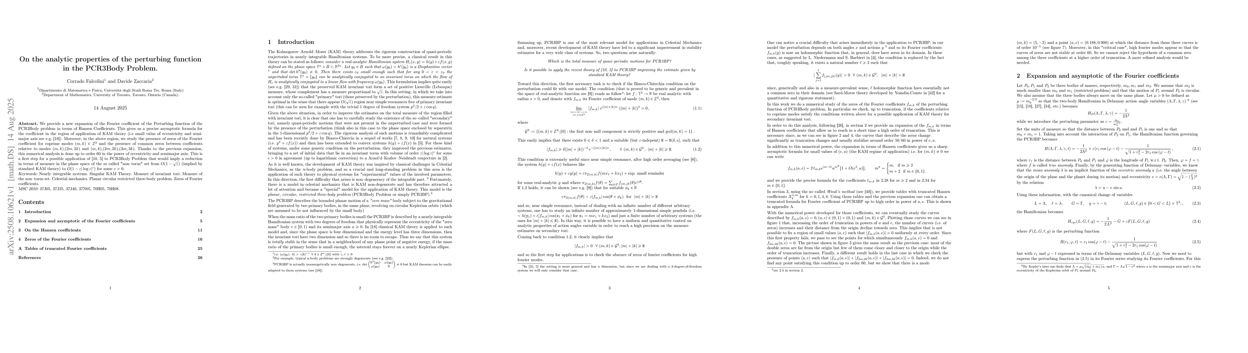 Thumbnail for On the analytic properties of the perturbing function in the PCR3Body
  Problem