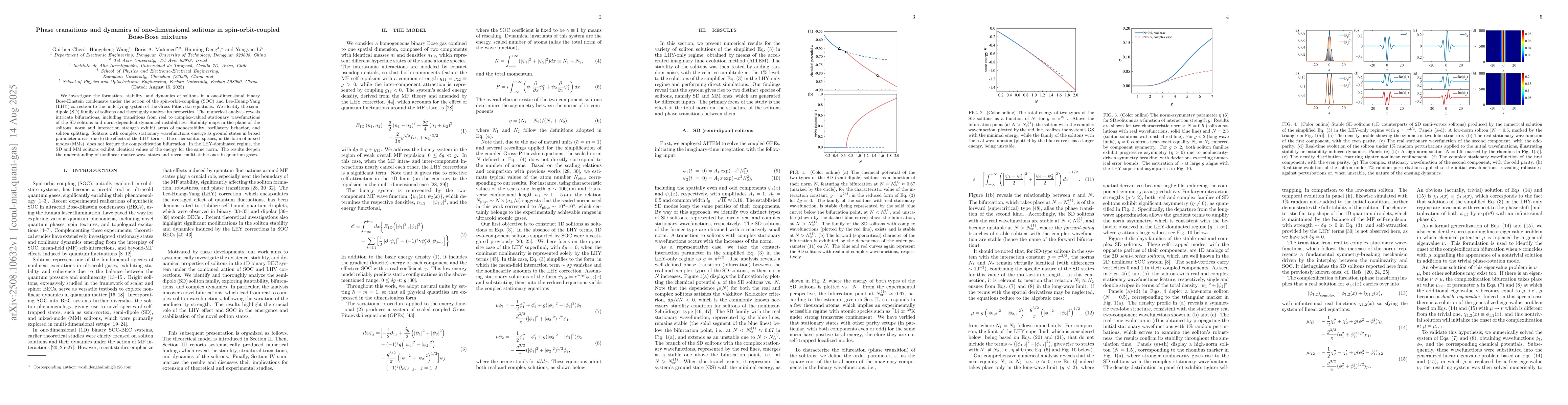 Thumbnail for Phase transitions and dynamics of one-dimensional solitons in
  spin-orbit-coupled Bose-Bose mixtures