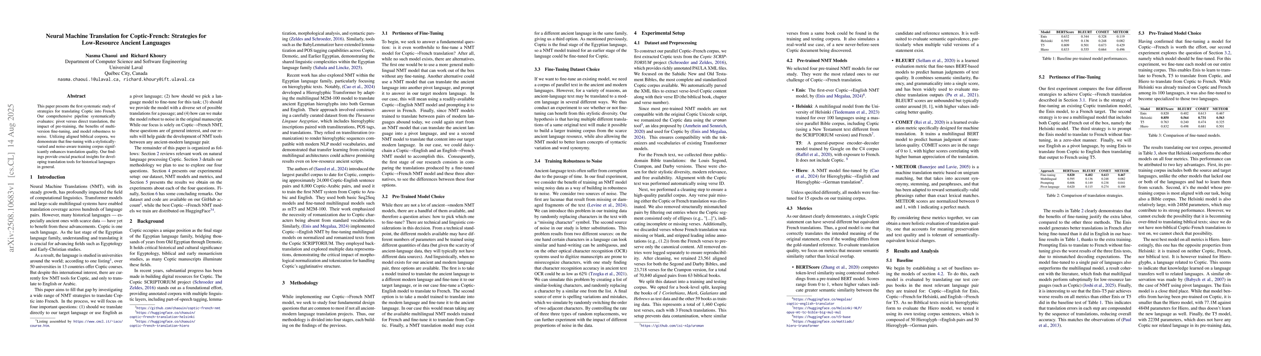 Thumbnail for Neural Machine Translation for Coptic-French: Strategies for
  Low-Resource Ancient Languages