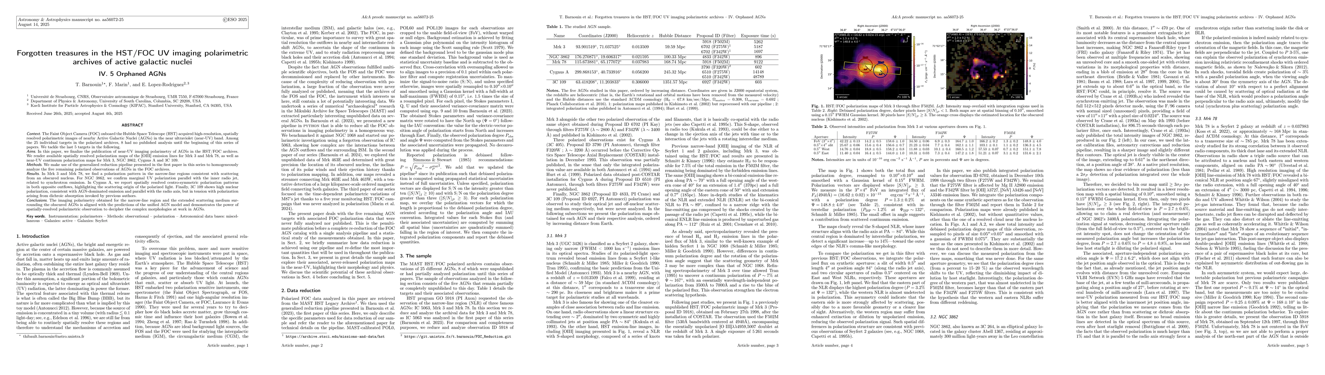 Thumbnail for Forgotten treasures in the HST/FOC UV imaging polarimetric archives of
  active galactic nuclei -- IV. 5 Orphaned AGNs
