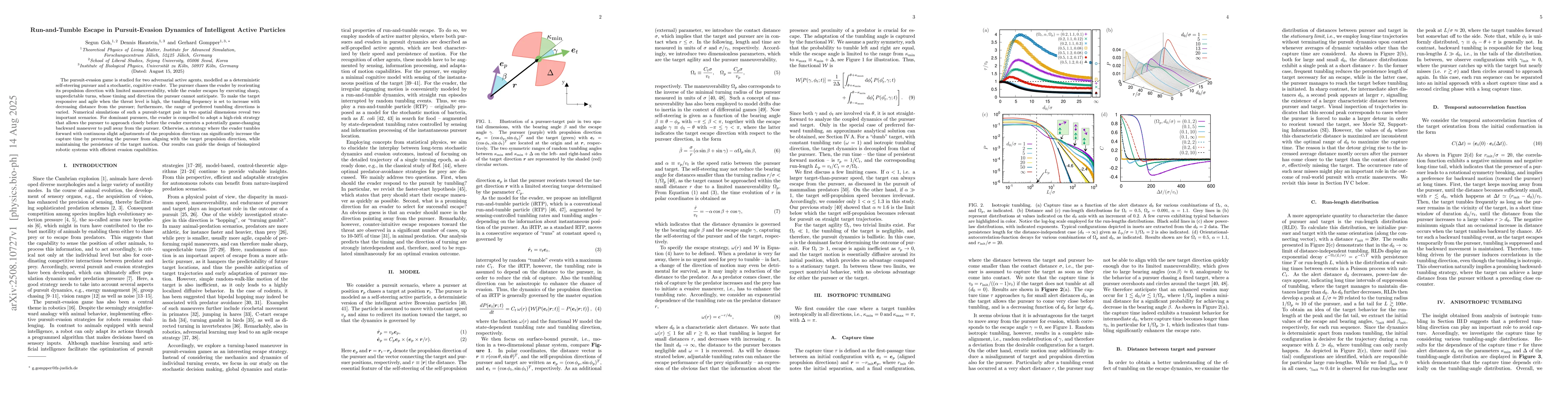 Thumbnail for Run-and-Tumble Escape in Pursuit-Evasion Dynamics of Intelligent Active
  Particles