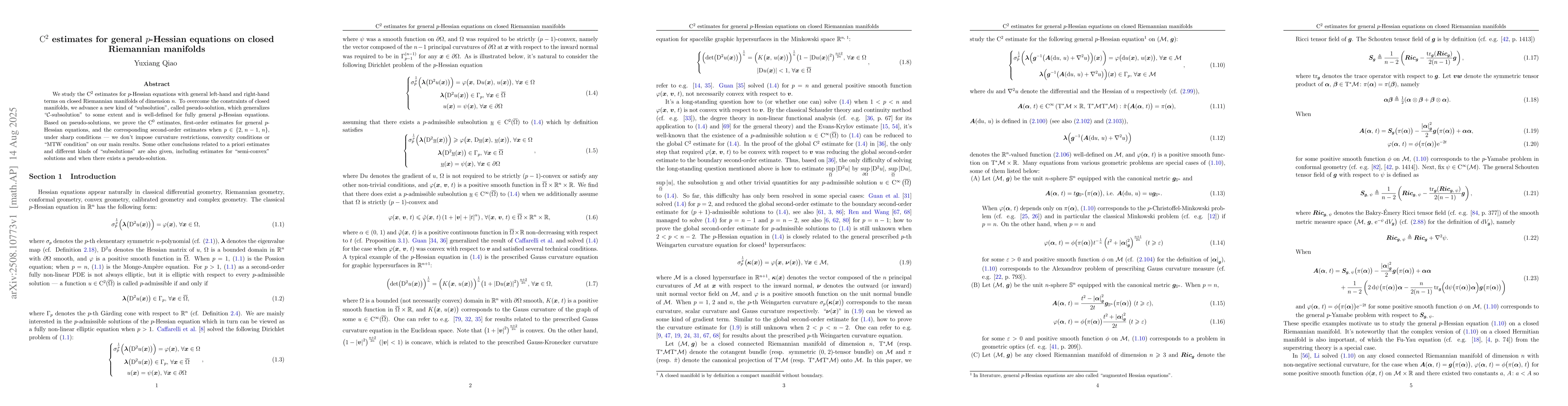 Thumbnail for $\mathrm{C}^2$ estimates for general $p$-Hessian equations on closed
  Riemannian manifolds