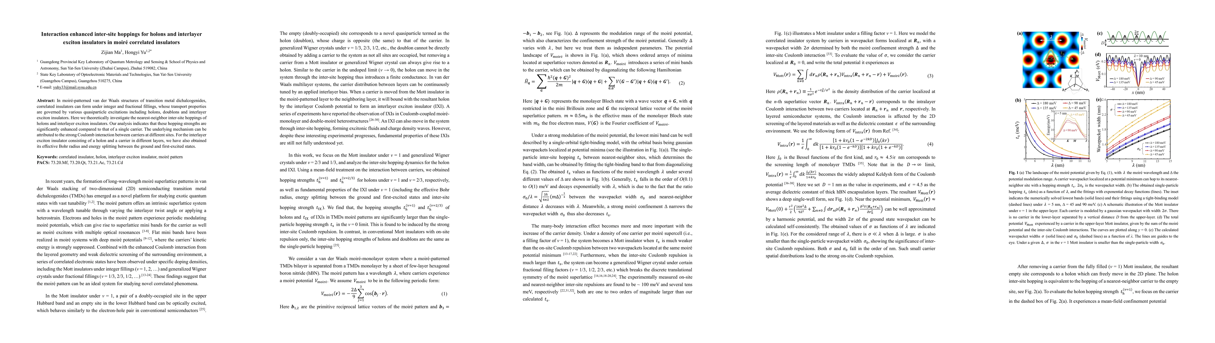Thumbnail for Interaction enhanced inter-site hoppings for holons and interlayer
  exciton insulators in moiré correlated insulators