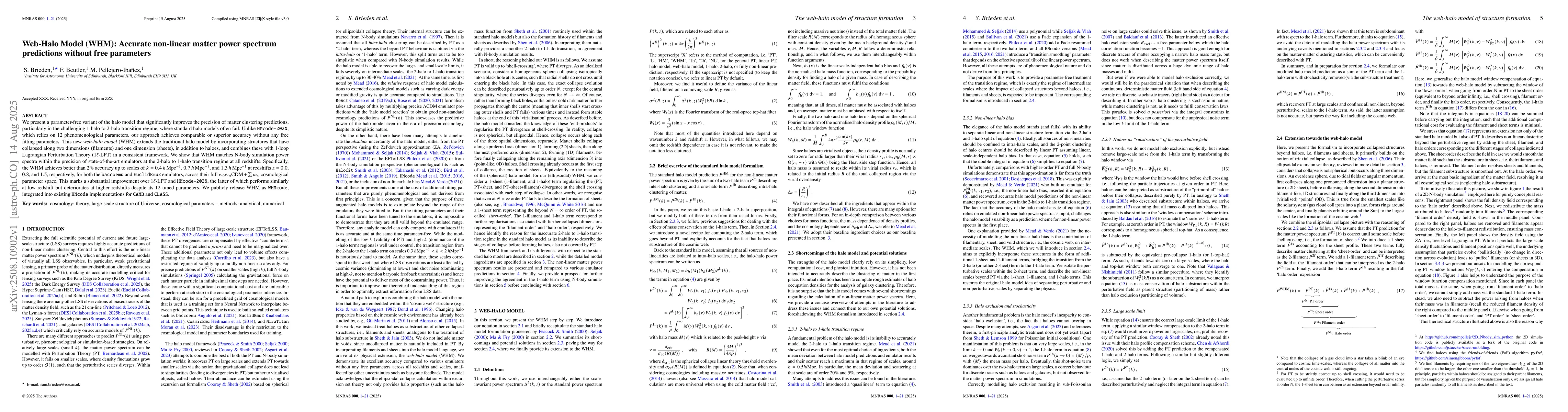 Thumbnail for Web-Halo Model (WHM): Accurate non-linear matter power spectrum
  predictions without free parameters