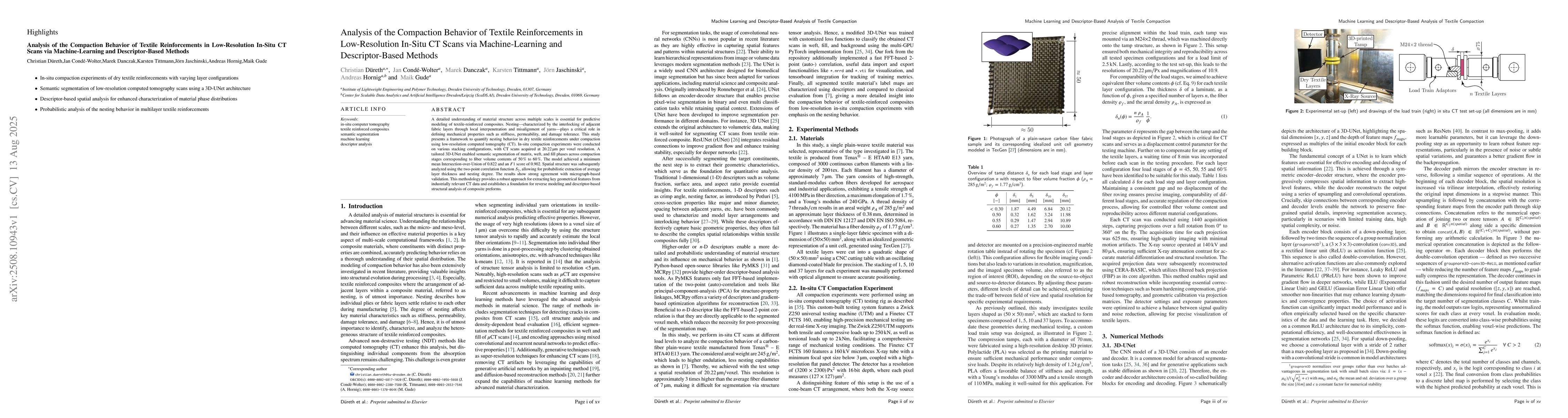 Thumbnail for Analysis of the Compaction Behavior of Textile Reinforcements in
  Low-Resolution In-Situ CT Scans via Machine-Learning and Descriptor-Based
  Methods