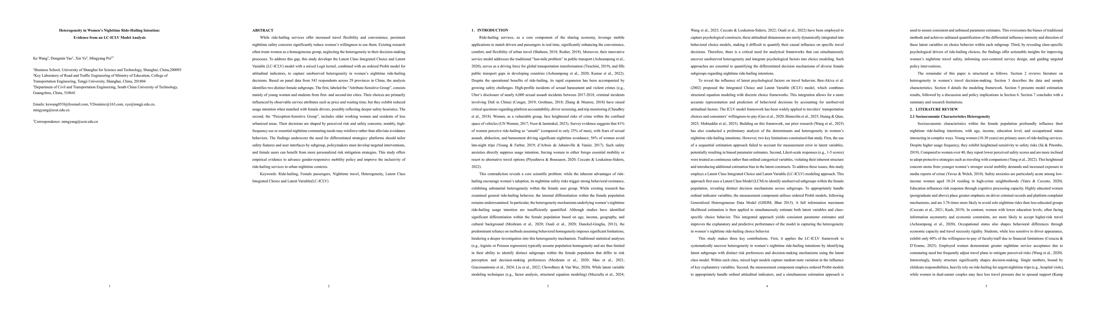 Thumbnail for Heterogeneity in Women's Nighttime Ride-Hailing Intention: Evidence from
  an LC-ICLV Model Analysis