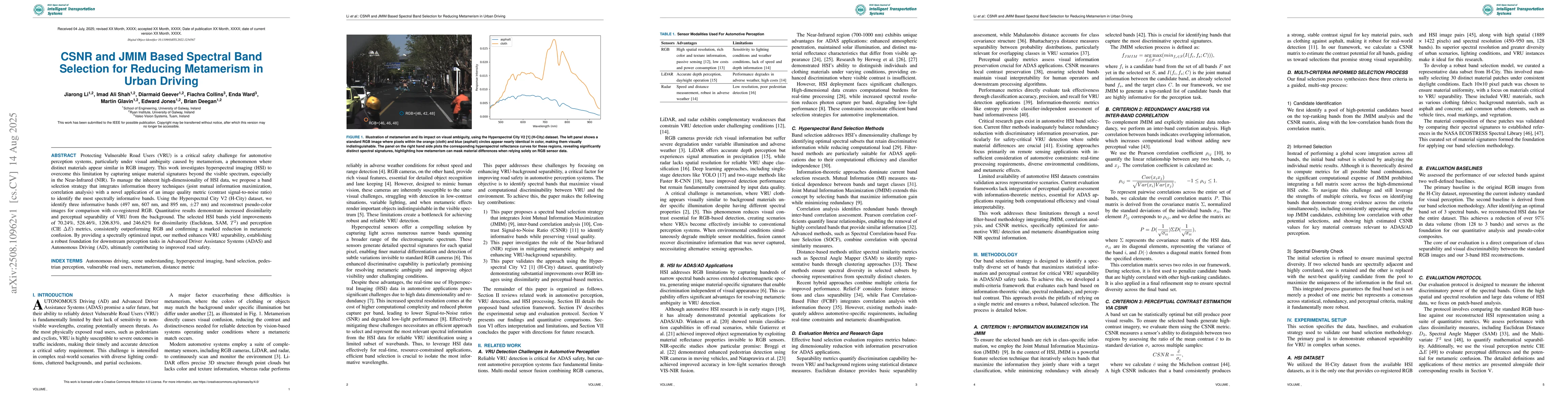 Thumbnail for CSNR and JMIM Based Spectral Band Selection for Reducing Metamerism in
  Urban Driving